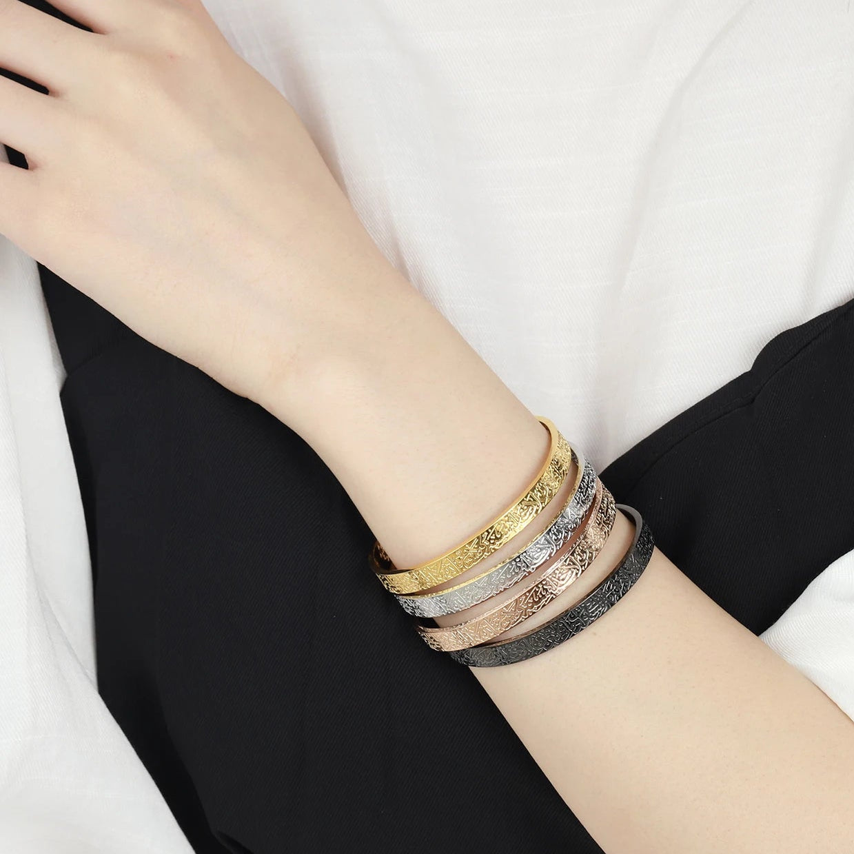 Close-up of a person's wrist wearing Ayatul Kursi Engraved Bracelet 