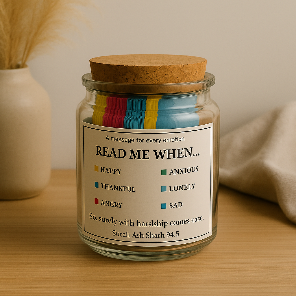 Detailed shot of Read Me When label on Quran Verse Jar