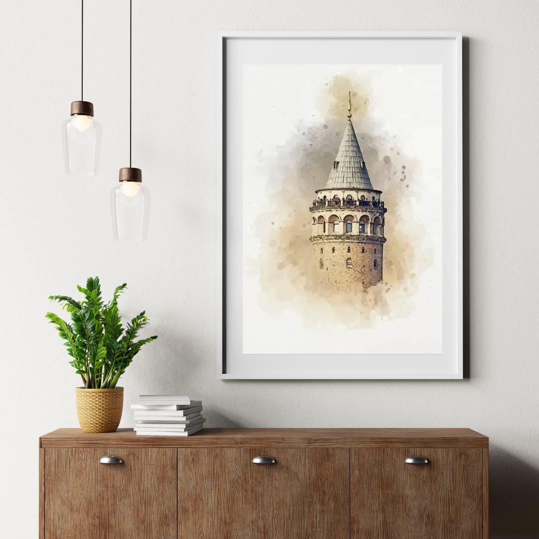 Islamic Wall Art - Galata Tower Watercolor Canvas