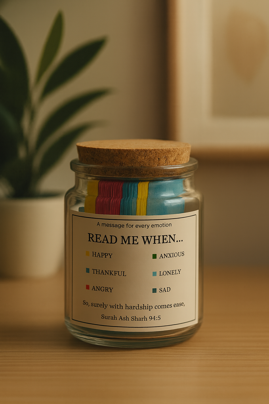 Quran Verse Jar with decorative cork lid and colorful papers for daily reflection
