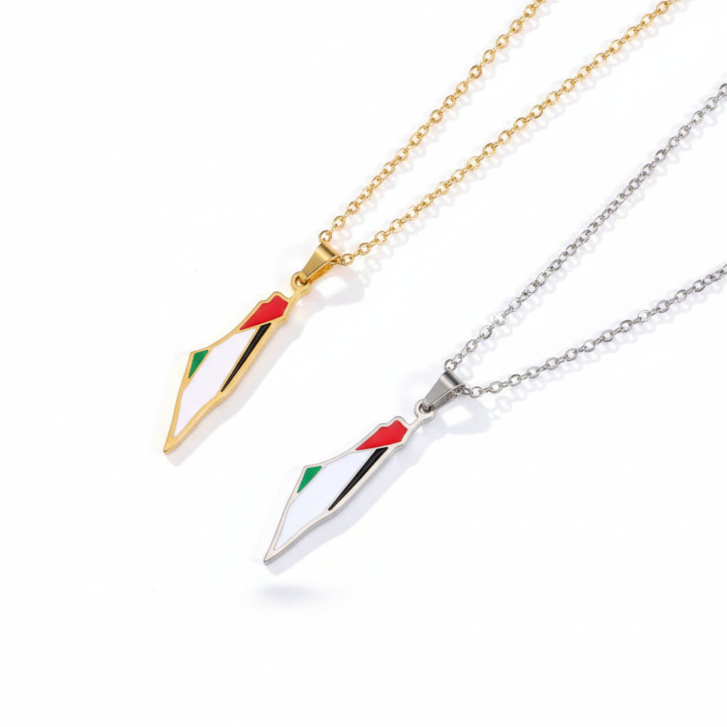 Two Palestine necklaces with geometric pendants on a green background