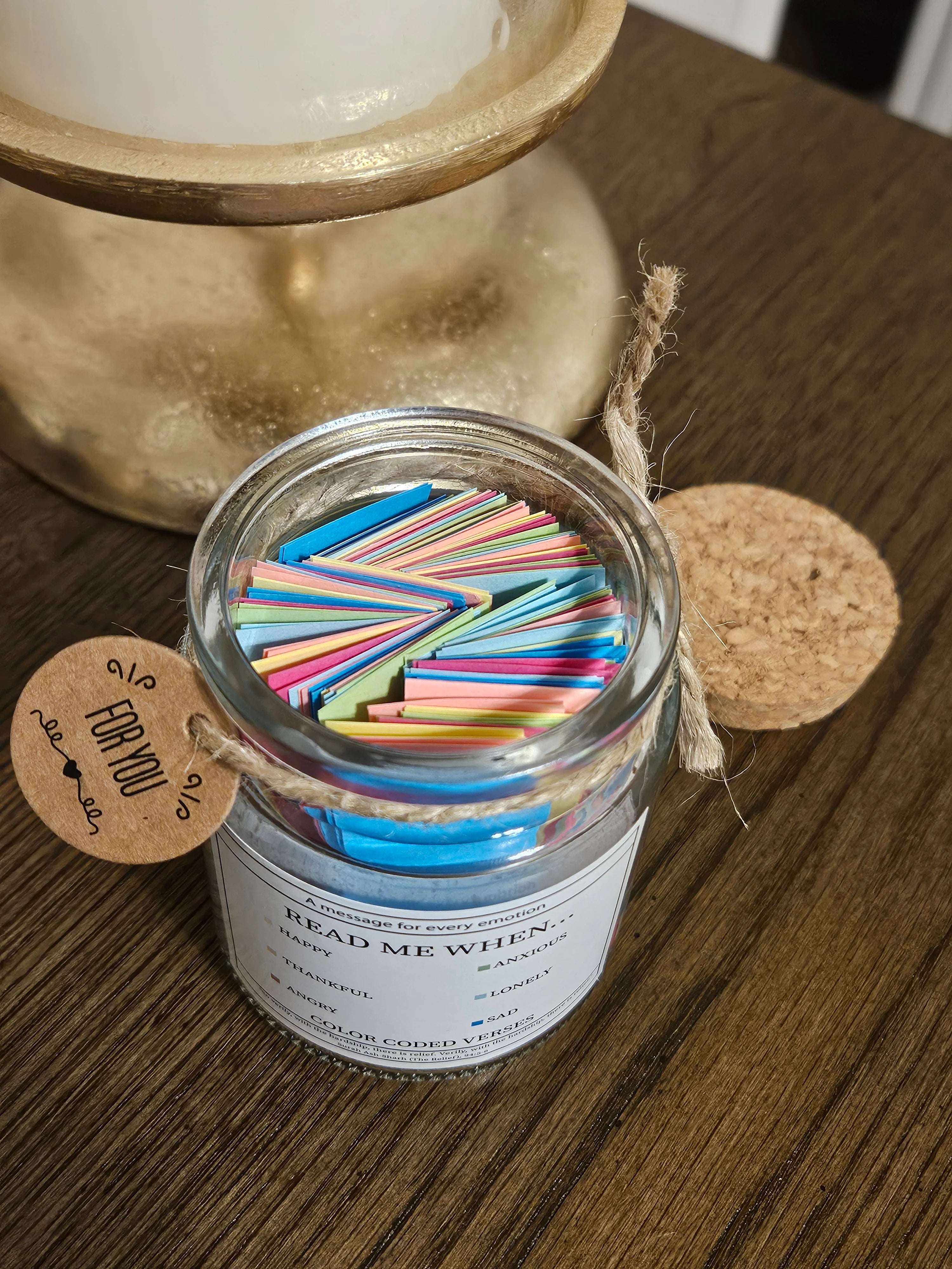 Quran Verse Jar displayed with folded comfort notes for Islamic inspiration